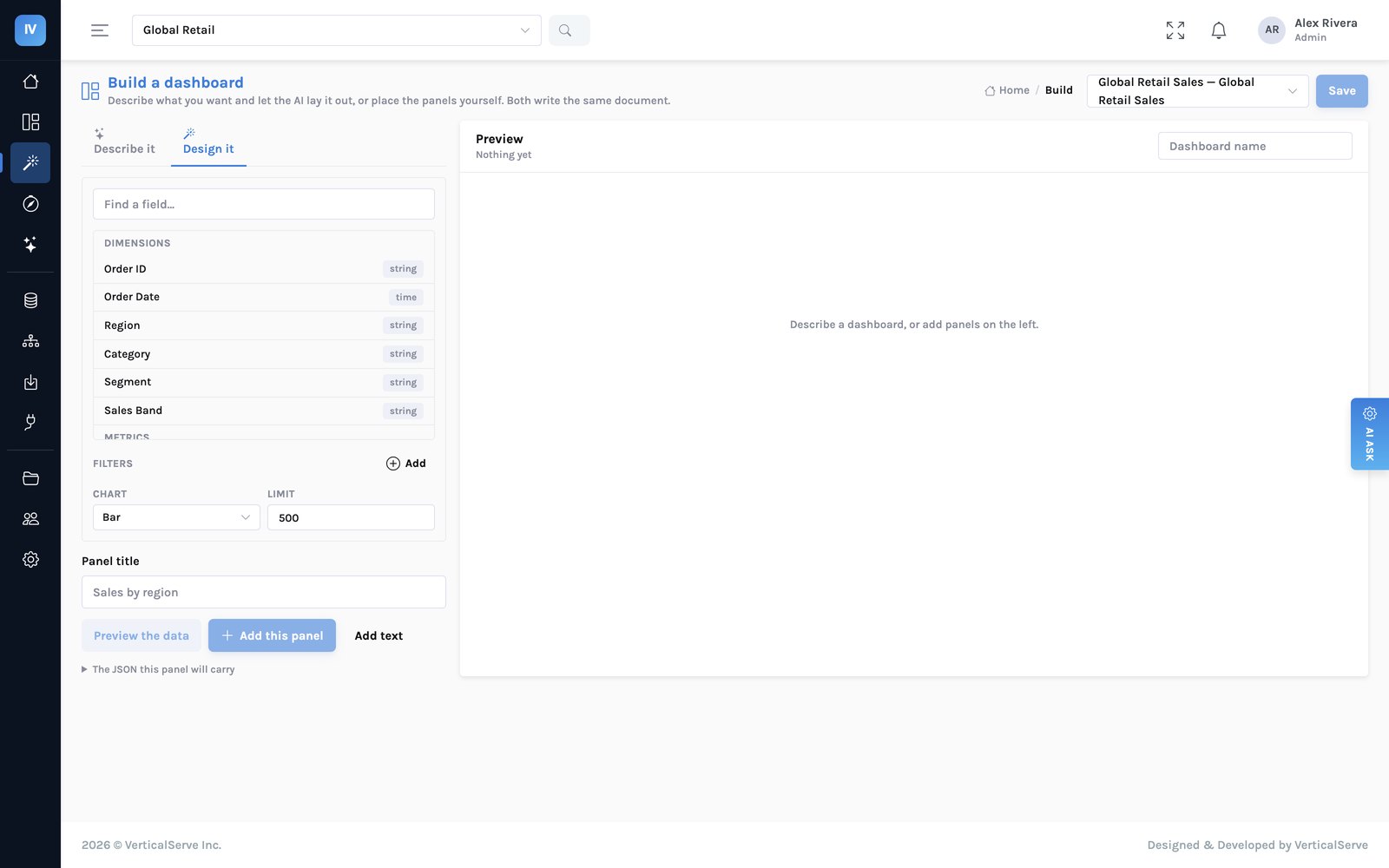 The builder's design tab showing the field picker with dimensions and metrics on the left and a panel definition being assembled