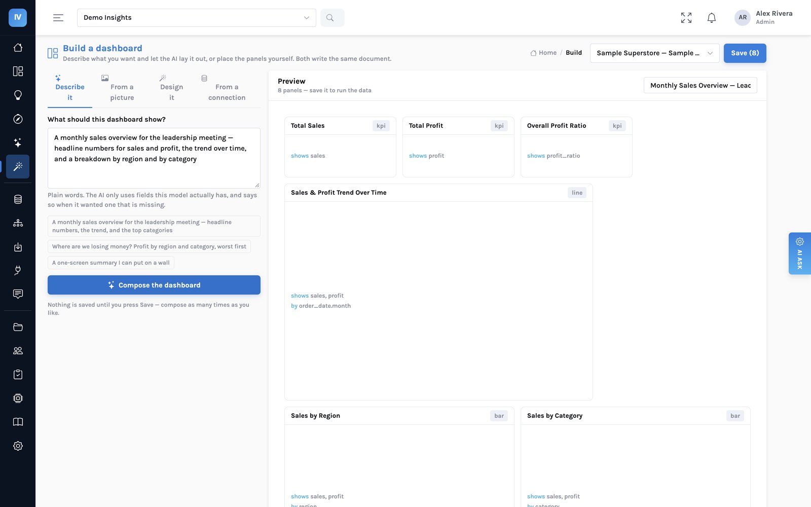 The dashboard builder with a plain-English brief typed in and an eight-panel dashboard laid out in the preview beside it