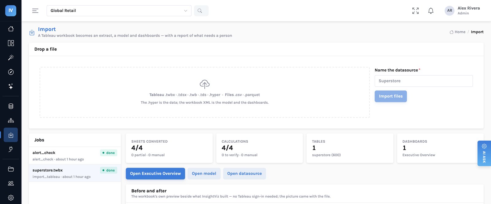 The import page after a Tableau workbook: four of four sheets converted, four of four calculations translated, one table and one dashboard created