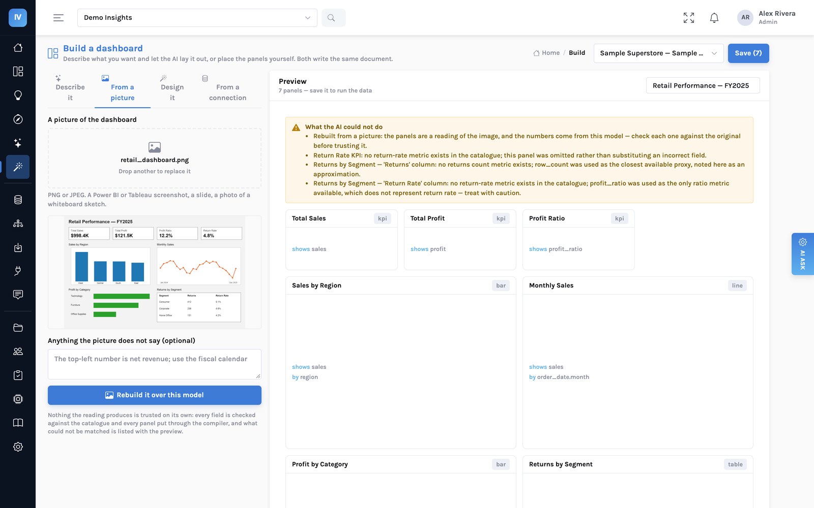 The dashboard builder after a screenshot of a retail dashboard was uploaded: seven panels proposed over the sample model, and a list of what could not be matched, such as a return-rate figure the data does not have