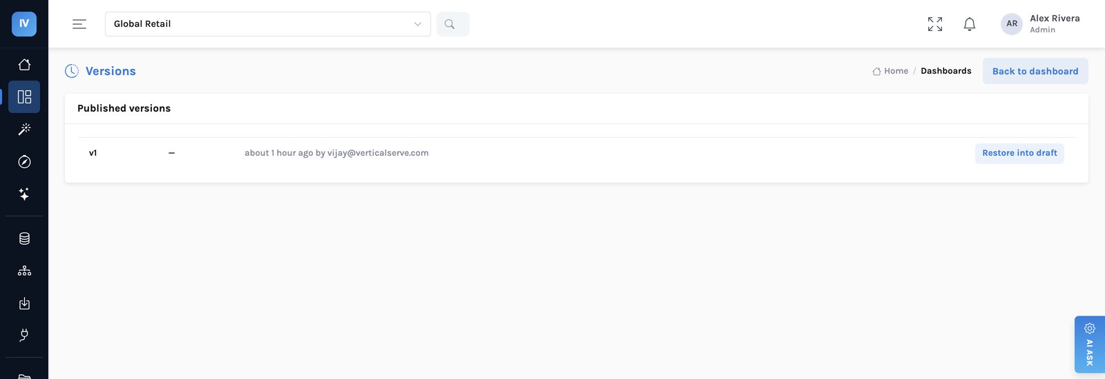 The versions page for a dashboard, listing published versions with their notes and the option to restore an earlier one